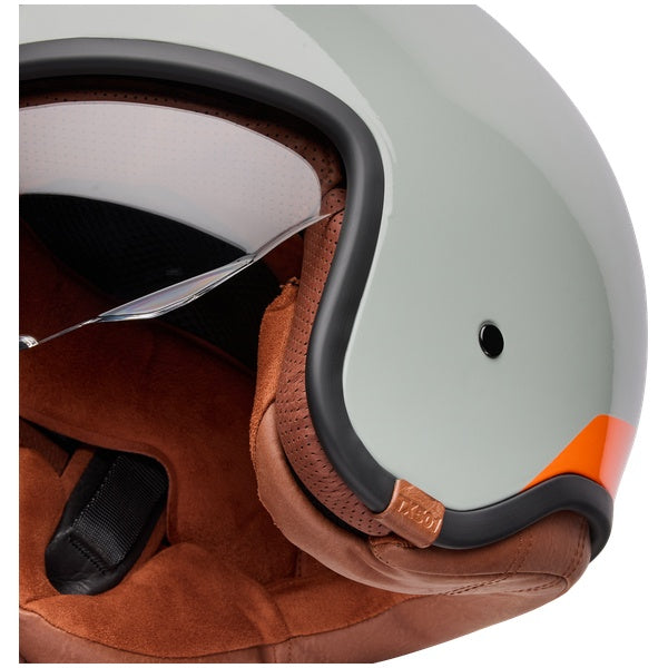 Bell TX501 Sprint helmet in Stone, close-up of side shell, sun shield edge, and trim