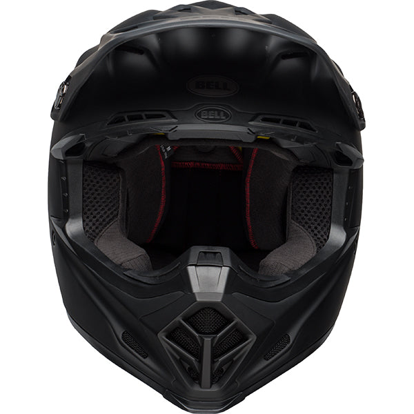 motorcycle helmet, front view, showing aerodynamic shell design, ventilation ports, and secure retention system built for rider comfort and protection