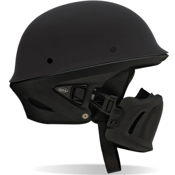 motorcycle helmet, side view, showing aerodynamic shell design, ventilation ports, and secure retention system built for rider comfort and protection. SKU 07000802.