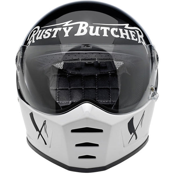 Biltwell, motorcycle helmet, black, white, showing smooth shell profile, ventilation ports, and padded chin strap for rider comfort. SKU '010110490.