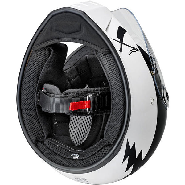 Biltwell, motorcycle helmet, black, white, showing smooth shell profile, ventilation ports, and padded chin strap for rider comfort. SKU '010110485.