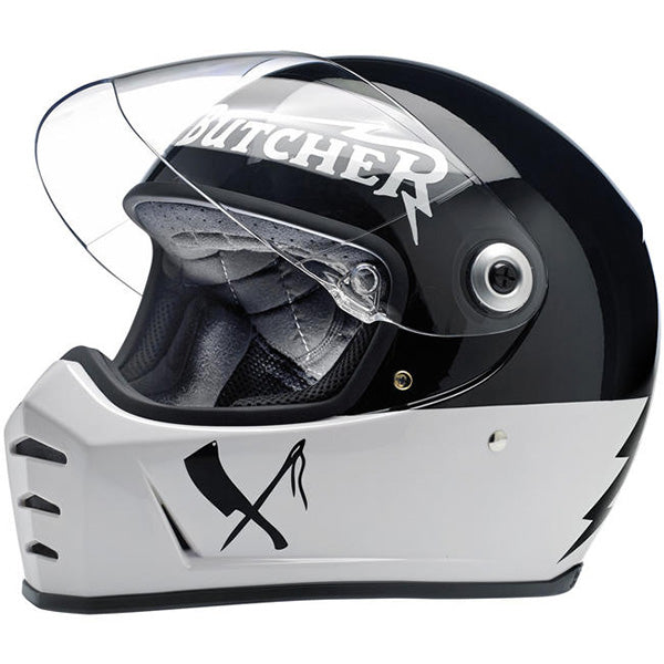 Biltwell, motorcycle helmet, black, white, showing smooth shell profile, ventilation ports, and padded chin strap for rider comfort. SKU '010110489.