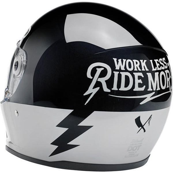 Biltwell, motorcycle helmet, black, white, showing smooth shell profile, ventilation ports, and padded chin strap for rider comfort. SKU '010110488.