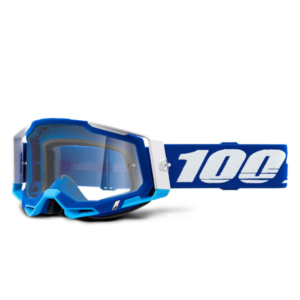 Studio photo showcasing 100%, Racecraft 2.0 Goggle (Clear Lens), Goggles, SKU 26012893, color options Concordia, Battleship, Snowbird, Topo, Kalkuta, Neon Yellow, Fluo Yellow, Panam and more