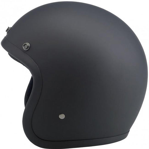 Biltwell, motorcycle helmet, black, rear view, showing smooth shell profile, ventilation ports, and padded chin strap for rider comfort. SKU '01041484.