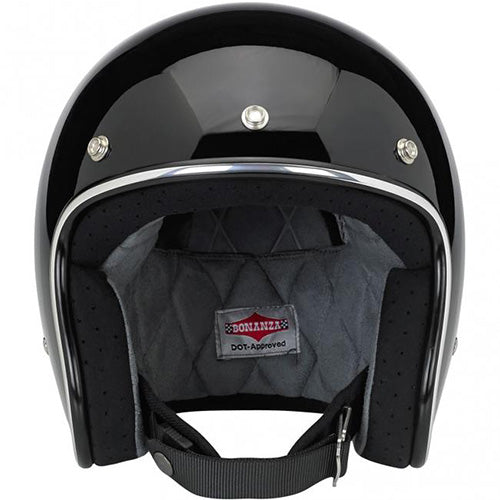 Biltwell, motorcycle helmet, black, front view, showing smooth shell profile, ventilation ports, and padded chin strap for rider comfort. SKU '01041489.