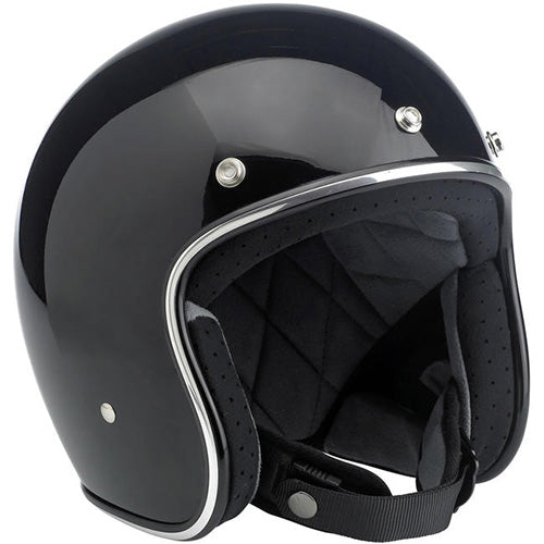 Biltwell, motorcycle helmet, black, showing smooth shell profile, ventilation ports, and padded chin strap for rider comfort. SKU '01041488.