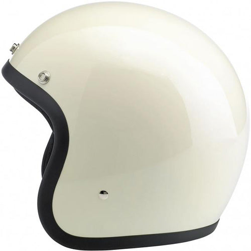 Biltwell, motorcycle helmet, white, rear view, showing smooth shell profile, ventilation ports, and padded chin strap for rider comfort. SKU '01041511.