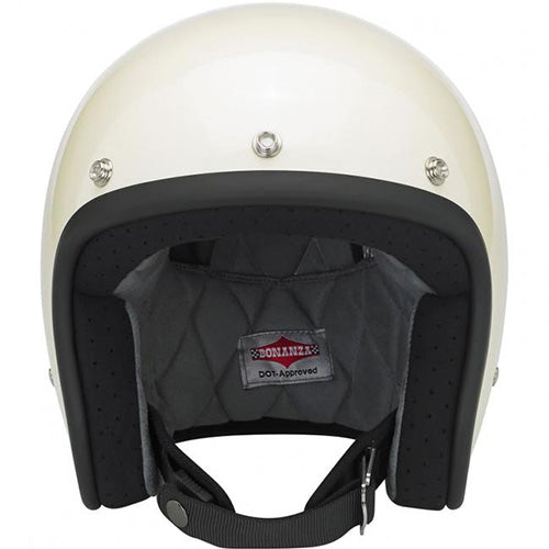 Biltwell, motorcycle helmet, white, front view, showing smooth shell profile, ventilation ports, and padded chin strap for rider comfort. SKU '01041513.