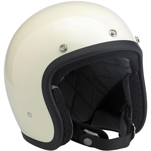 Biltwell, motorcycle helmet, white, showing smooth shell profile, ventilation ports, and padded chin strap for rider comfort. SKU '01041512.