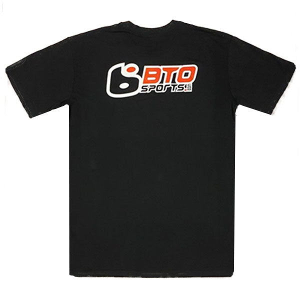 Studio photo on a white background of BTO Sports Simple Tee Shirt; showing tee fit, printed graphics, and crew neckline; SKU BTO-SIMPLE-BLK-S