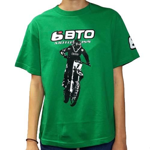 High-resolution studio image of BTO Sports Throttle Tee (Youth); showing tee fit, printed graphics, and crew neckline; SKU BTO-THROTTLE-RD-YXL