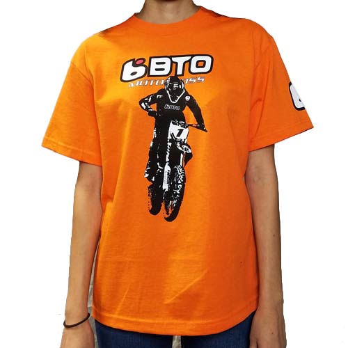 Studio photo on a white background of BTO Sports Throttle Tee (Youth); showing tee fit, printed graphics, and crew neckline; SKU BTO-THROTTLE-RD-YXL
