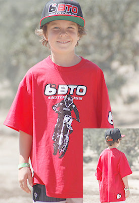 Clean studio shot of BTO Sports Throttle Tee (Youth); showing tee fit, printed graphics, and crew neckline; SKU BTO-THROTTLE-RD-YXL; Colors: YXL, YL