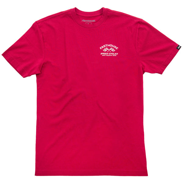 Clean studio shot of Fasthouse Crown Tee; showing tee fit, printed graphics, and crew neckline; SKU 3211150504; Colors: Black, White, Cardinal