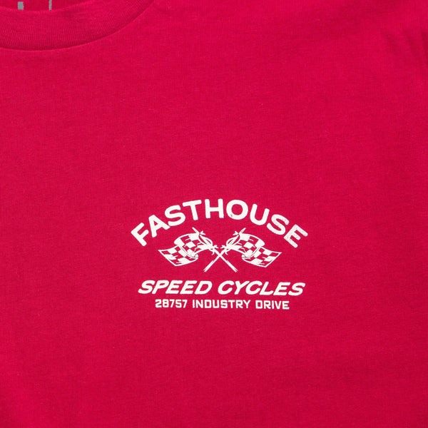 Professional studio photo of Fasthouse Crown Tee; showing tee fit, printed graphics, and crew neckline; SKU 3211150504; Colors: Black, White, Cardinal