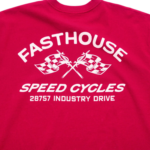 Crisp studio image on a white background of Fasthouse Crown Tee; showing tee fit, printed graphics, and crew neckline; SKU 3211150504; Sizes: S-3XL
