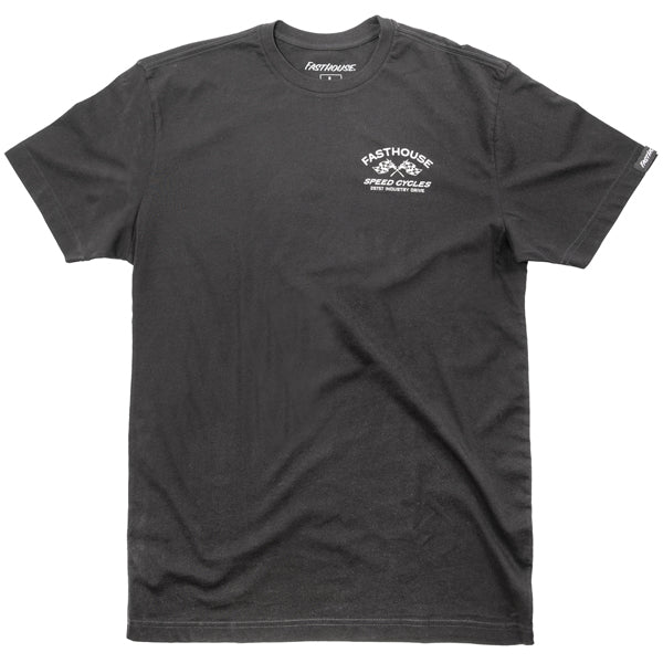 Clean studio shot of Fasthouse Crown Tee; showing tee fit, printed graphics, and crew neckline; SKU 3211150504; Colors: Black, White, Cardinal