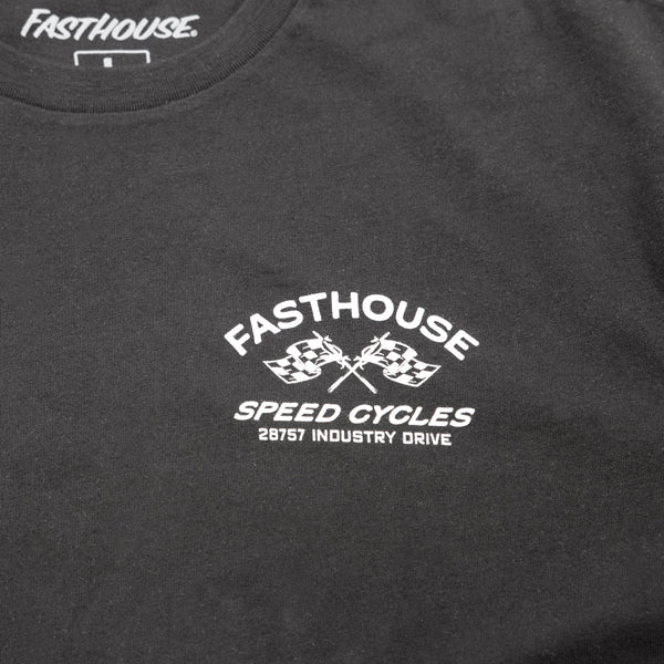 Professional studio photo of Fasthouse Crown Tee; showing tee fit, printed graphics, and crew neckline; SKU 3211150504; Colors: Black, White, Cardinal