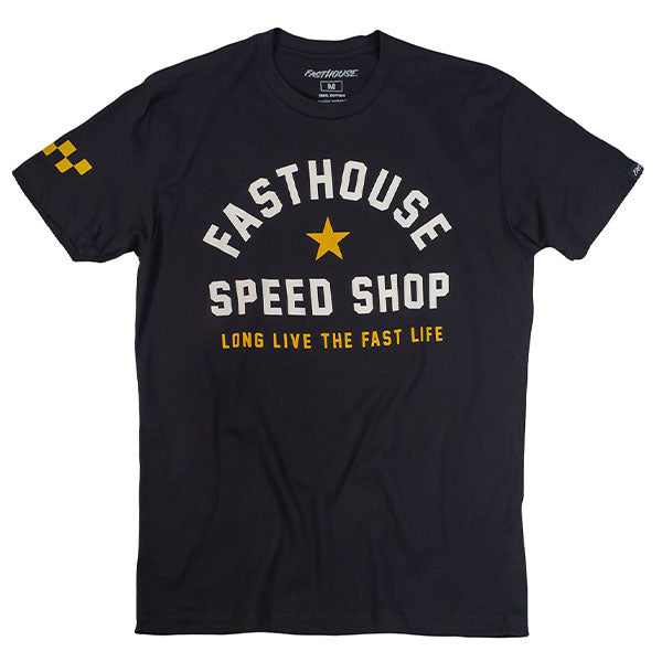 High-resolution studio image of Fasthouse Fast Life Tee; showing tee fit, printed graphics, and crew neckline; SKU 3212599904; Sizes: S-3XL