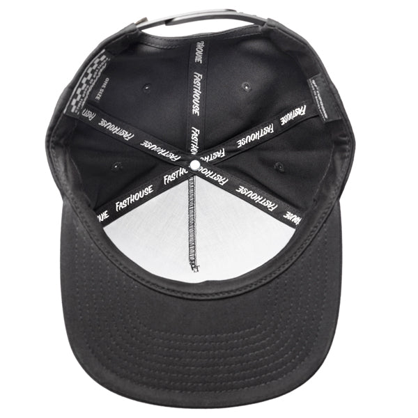 Fasthouse Spanner Hat SKU 3210050, inside view showing Fasthouse branded seam tape with reinforced stitching, flat brim motocross lifestyle snapback hat.