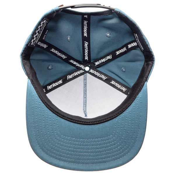 Inside view of Fasthouse Spanner Hat SKU 3210050 – black interior taping with repeating Fasthouse branding, structured six-panel motocross cap design.