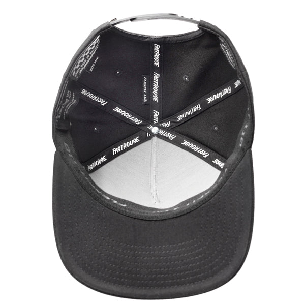 Interior view of the black Fasthouse Crown hat (SKU: 3210150). The image shows the hat's internal construction, including the black sweatband and white reinforced stitching. The hat's inner seams are covered with white ribbons bearing the