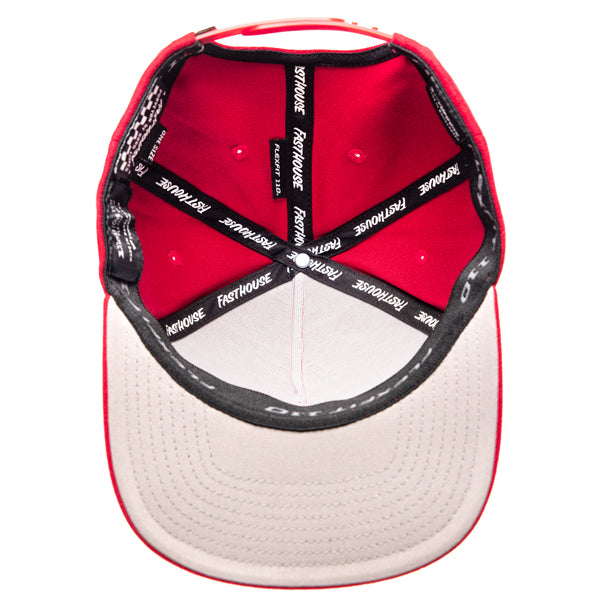 This top-down view shows the interior of the red Fasthouse Crown Hat (SKU 3210150). The inside is also red. The internal seams are covered with black branded taping that has