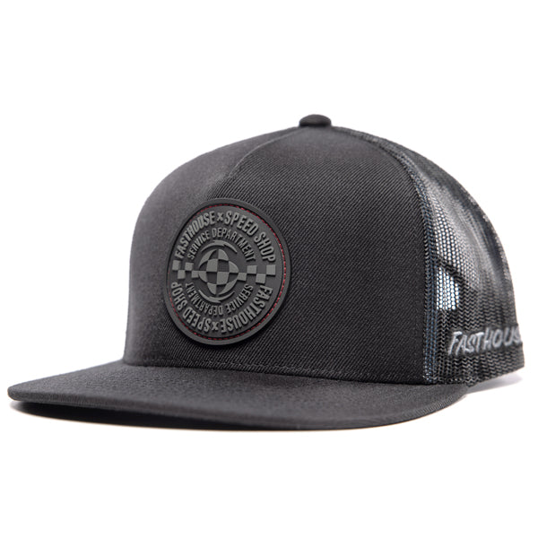 Fasthouse Finch Hat SKU 3210070 – Black snapback motocross lifestyle hat with flat bill, structured front panel, and breathable mesh back, featuring a bold Fasthouse Speed Shop rubber patch logo.