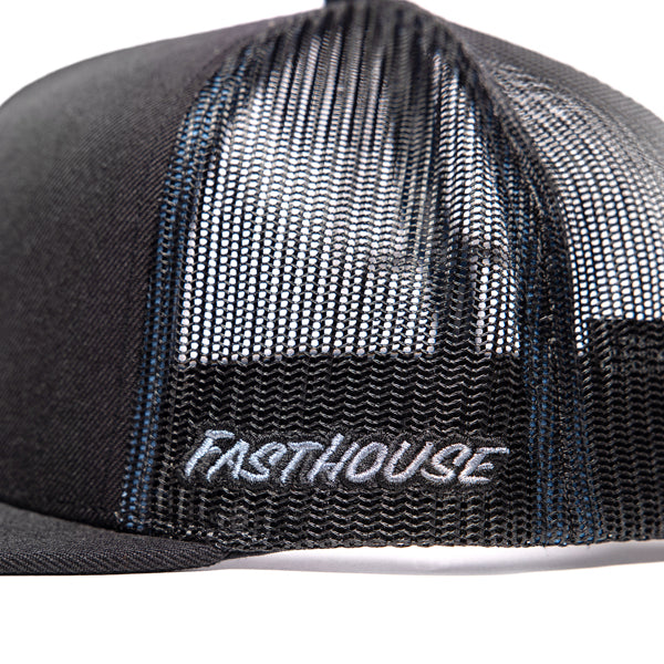 Fasthouse Finch Hat SKU 3210070 – side view highlighting the breathable black mesh back panels with embroidered Fasthouse logo for a classic moto-inspired trucker hat style.