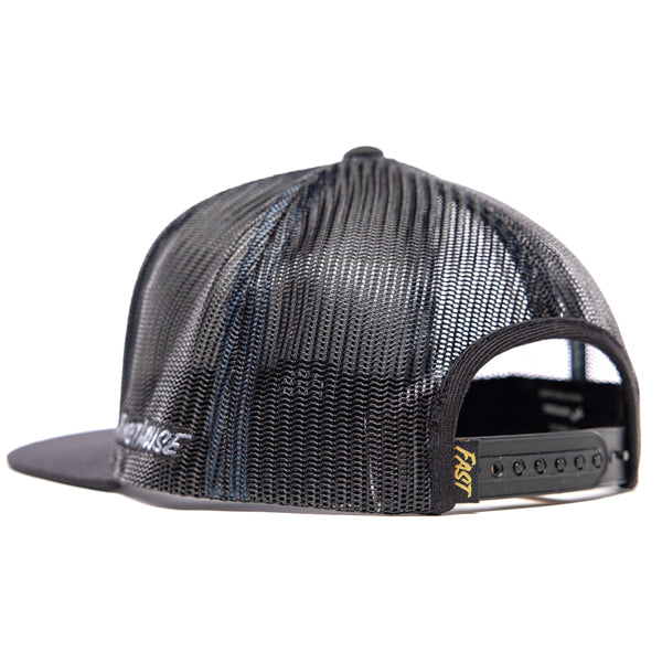 Rear view of Fasthouse Finch Hat SKU 3210070 – adjustable snapback closure with yellow “Fast” embroidery detail, providing a customizable fit for motocross riders and casual wear.