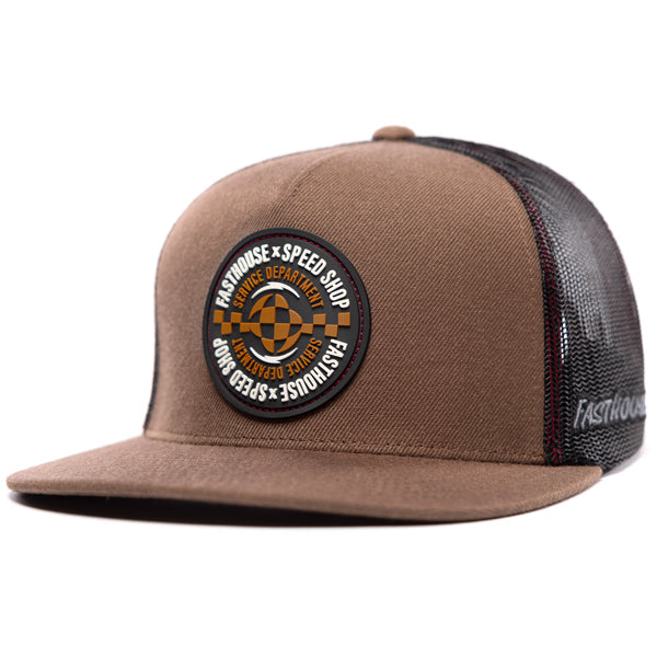 Fasthouse Finch Hat SKU 3210070 in brown with black mesh back, flat bill, and round rubber Speed Shop Service Department patch on front, motocross lifestyle snapback cap.