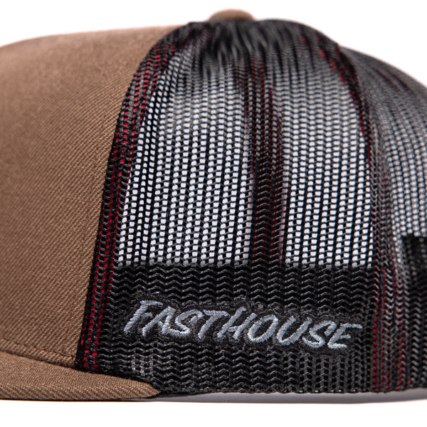 Side view of Fasthouse Finch Hat SKU 3210070 highlighting black mesh panels with embroidered Fasthouse logo, breathable motocross trucker cap design.
