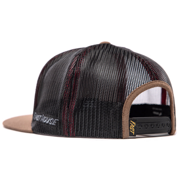 Rear view of Fasthouse Finch Hat SKU 3210070 featuring adjustable black snapback closure and yellow FAST woven tag, motocross casual headwear.