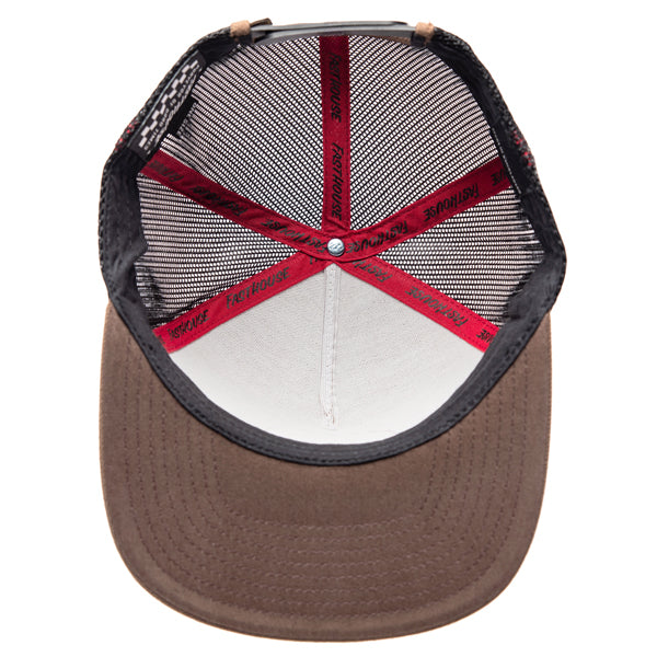 Inside view of Fasthouse Finch Hat SKU 3210070 showing black mesh lining, red Fasthouse branded seam tape, and structured flat bill design, premium motocross lifestyle hat.