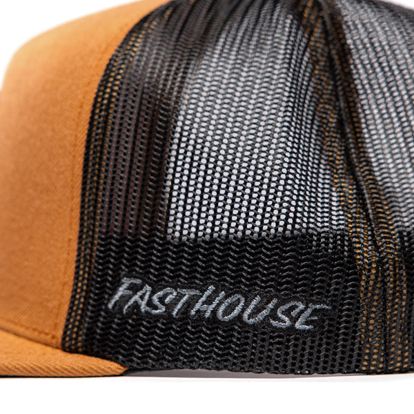 Close-up of the Fasthouse Finch hat's front panel, SKU 3210070, clearly showing the bold black