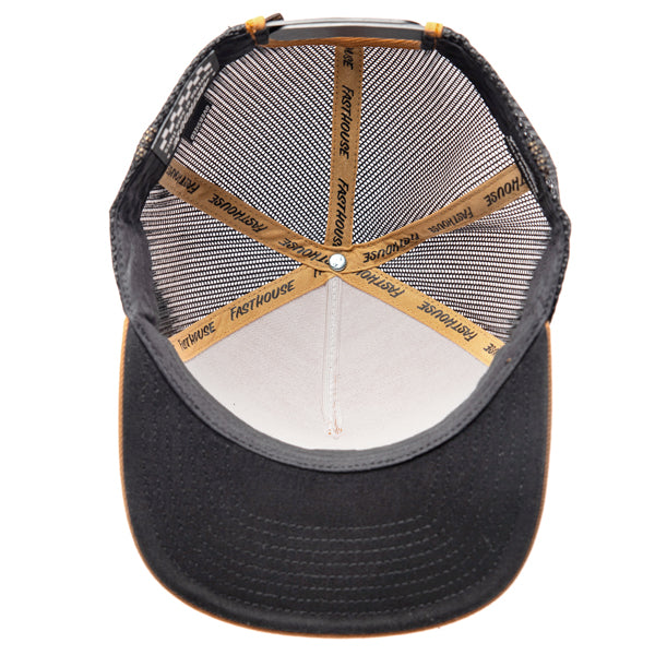 A top-down, inside view of the Fasthouse Finch apparel hat, SKU 3210070, with its yellow front and black mesh panels, perfect for off-road and casual wear.