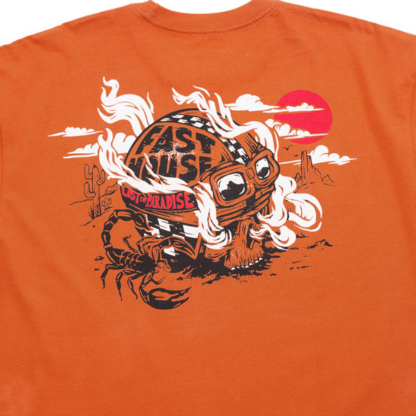 Clean studio shot of Fasthouse Stinger Tee; showing tee fit, printed graphics, and crew neckline; SKU 3211120104; Colors: Rust, Graphite Black