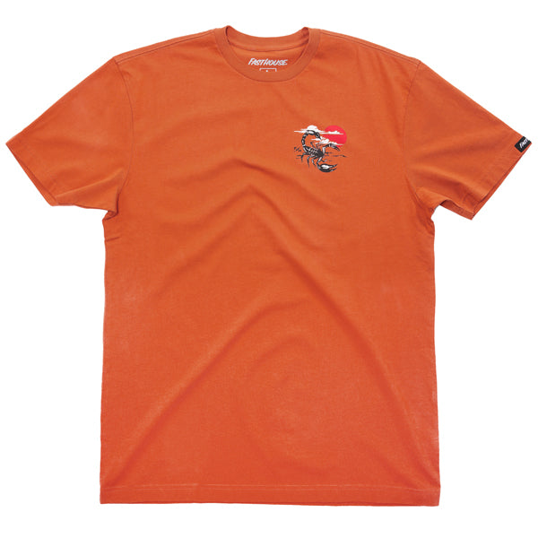High-resolution studio image of Fasthouse Stinger Tee; showing tee fit, printed graphics, and crew neckline; SKU 3211120104; Colors: Rust, Graphite Black