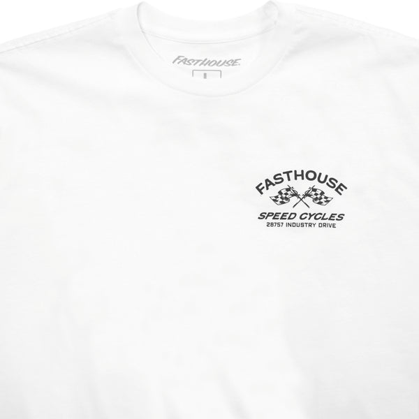 Professional studio photo of Fasthouse Crown Tee; showing tee fit, printed graphics, and crew neckline; SKU 3211150504; Colors: Black, White, Cardinal