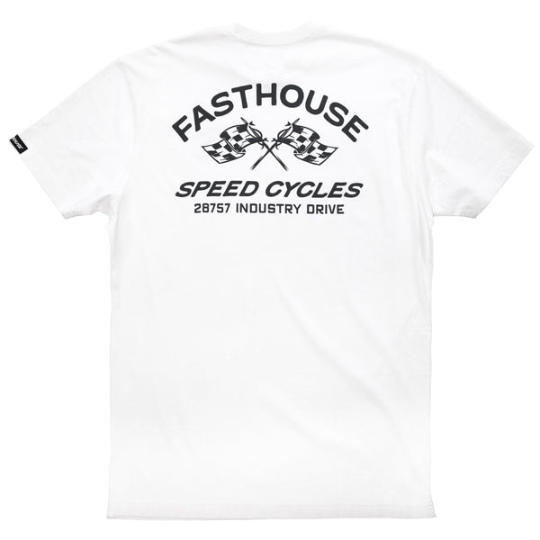 Studio photo on a white background of Fasthouse Crown Tee; showing tee fit, printed graphics, and crew neckline; SKU 3211150504; Sizes: S-3XL