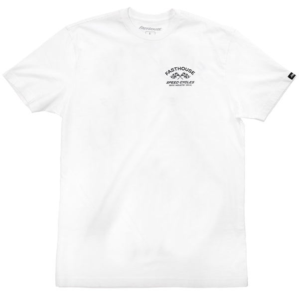 Clean studio shot of Fasthouse Crown Tee; showing tee fit, printed graphics, and crew neckline; SKU 3211150504; Colors: Black, White, Cardinal