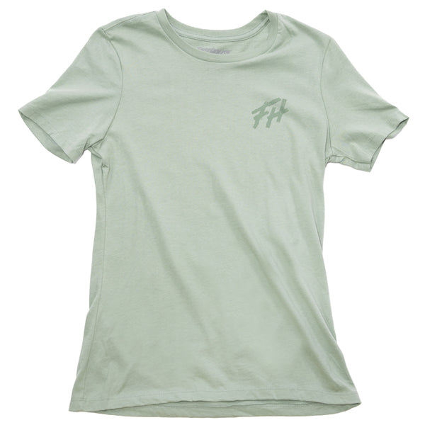 Fasthouse Wild Fast and Free women’s tee in worn sage, SKU 32111604. Front view of short sleeve motocross lifestyle shirt with small “FH” logo on left chest.