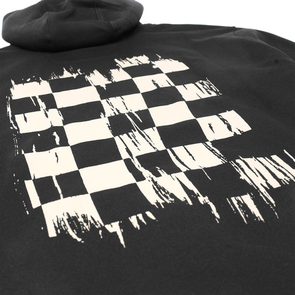 Back view of Fasthouse Fray Hooded Pullover in black, SKU 32131805, featuring a distressed motocross-inspired white checkerboard race flag graphic across the back, symbolizing speed and moto heritage.