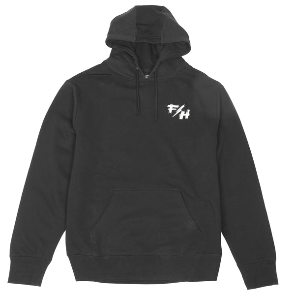 Front view of Fasthouse Fray Pullover Hoodie in black, SKU 32131805, featuring kangaroo pocket, drawstring hood, and white FH chest logo, designed for motocross lifestyle and casual moto wear.