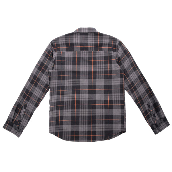 Professional studio photo of Fasthouse Saturday Night Special Flannel; showing flannel shirt fit, button front, and plaid pattern; SKU 3297920304