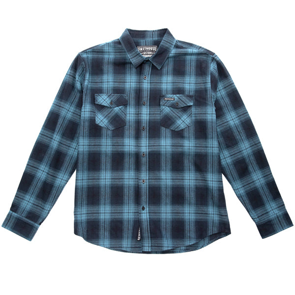 Clean studio shot of Fasthouse Saturday Night Special Flannel; showing flannel shirt fit, button front, and plaid pattern; SKU 3297920304; Sizes: S-3XL