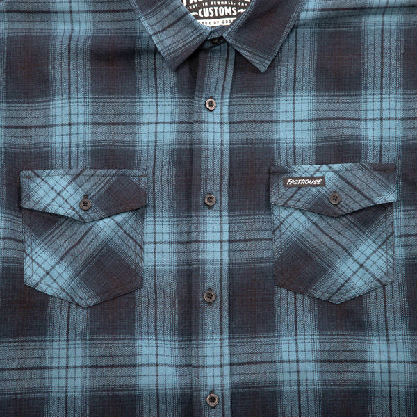 High-resolution studio image of Fasthouse Saturday Night Special Flannel; showing flannel shirt fit, button front, and plaid pattern; SKU 3297920304