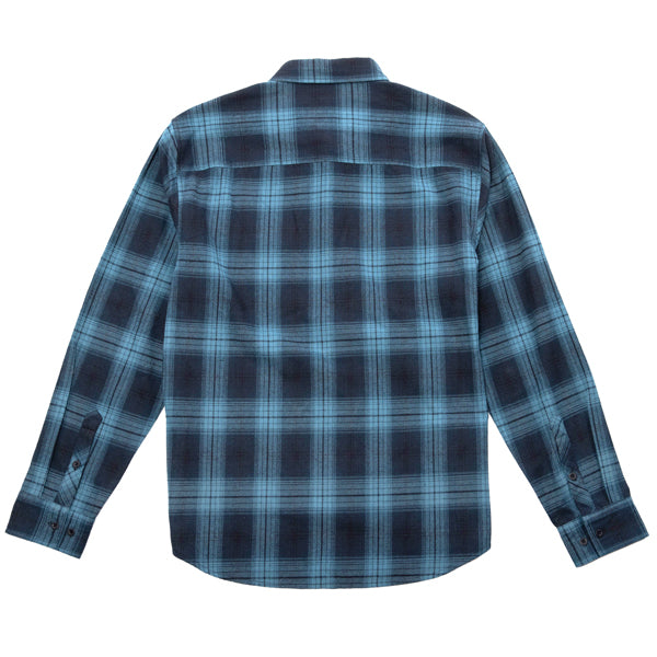 Professional studio photo of Fasthouse Saturday Night Special Flannel; showing flannel shirt fit, button front, and plaid pattern; SKU 3297920304