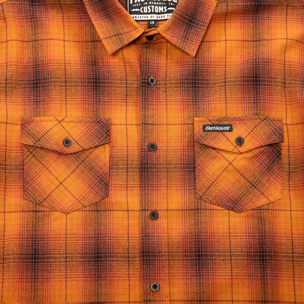 High-resolution studio image of Fasthouse Saturday Night Special Flannel; showing flannel shirt fit, button front, and plaid pattern; SKU 3297920304